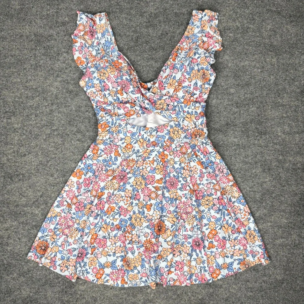 NEW Aleumdr Floral Ruffle Cutout Swim Dress Multi Twist Front Skirt Swimsuit M